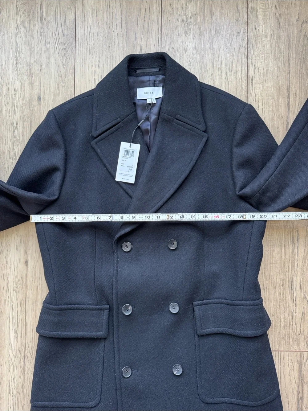 Reiss Caleb Military Overcoat Black Double Breasted Wool Blend Coat Men L NWT
